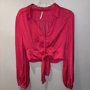 Free People Bold Pink Tie-Front Satin Crop‎ Blouse Long Balloon Sleeve Holiday S
